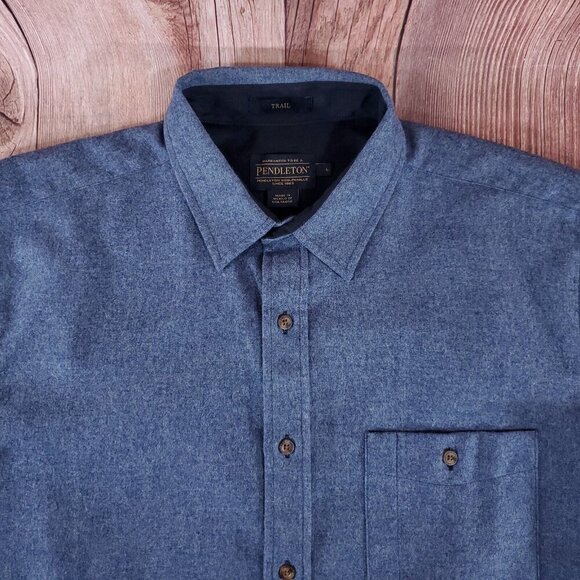 Pendleton Mens Size Large Trail Shirt Blue Virgin Wool Button Up Elbow Patch - Picture 3 of 14